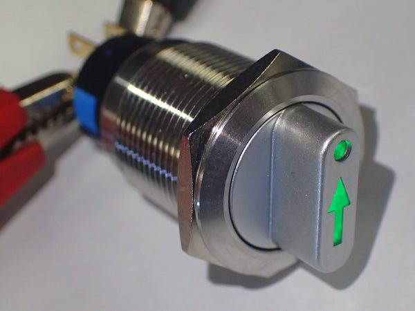 Rotary switch DPDT ON-OFF-ON, with illuminated LED face.  3 position